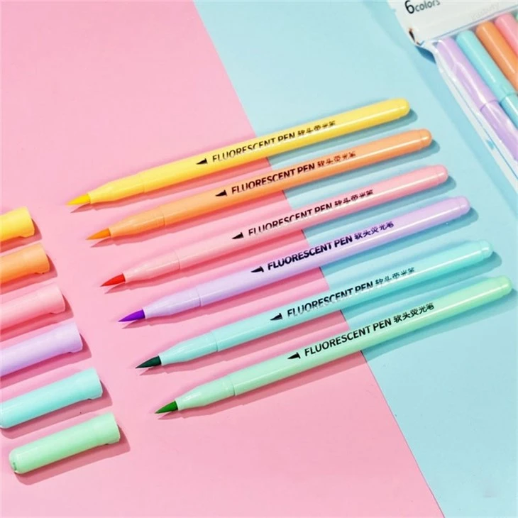 6 Colors Soft Brush Fluorescence Pen Set Art Color Highlighter